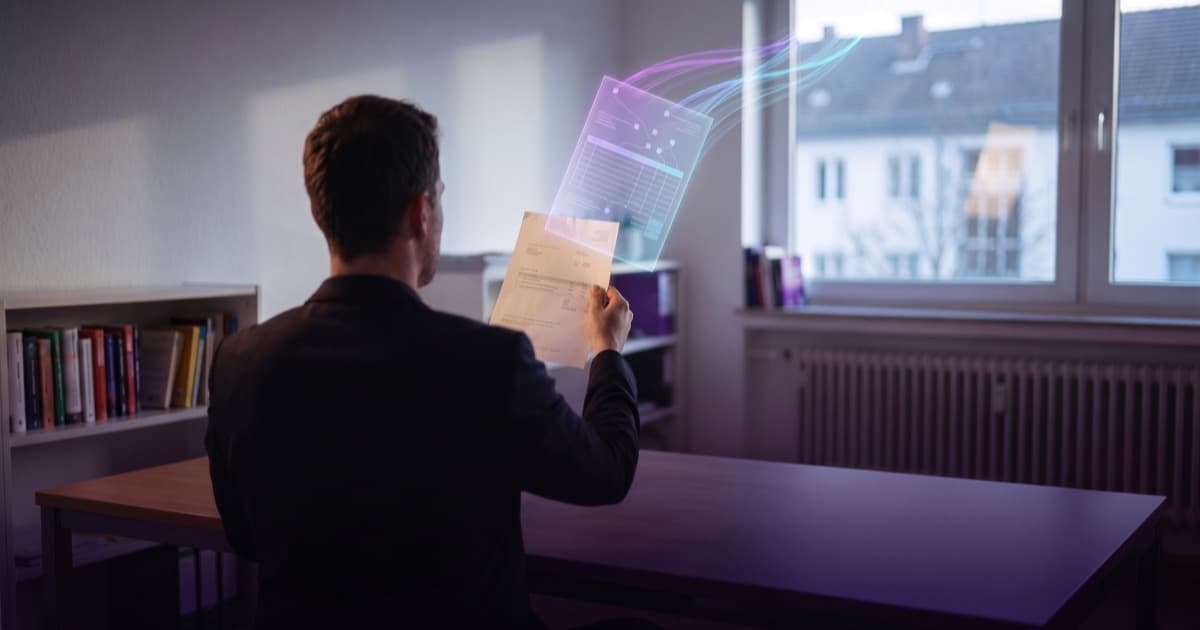 Pessoa sentada à mesa segurando uma nota fiscal em papel enquanto um documento digital se desfaz em linhas de luz ao lado