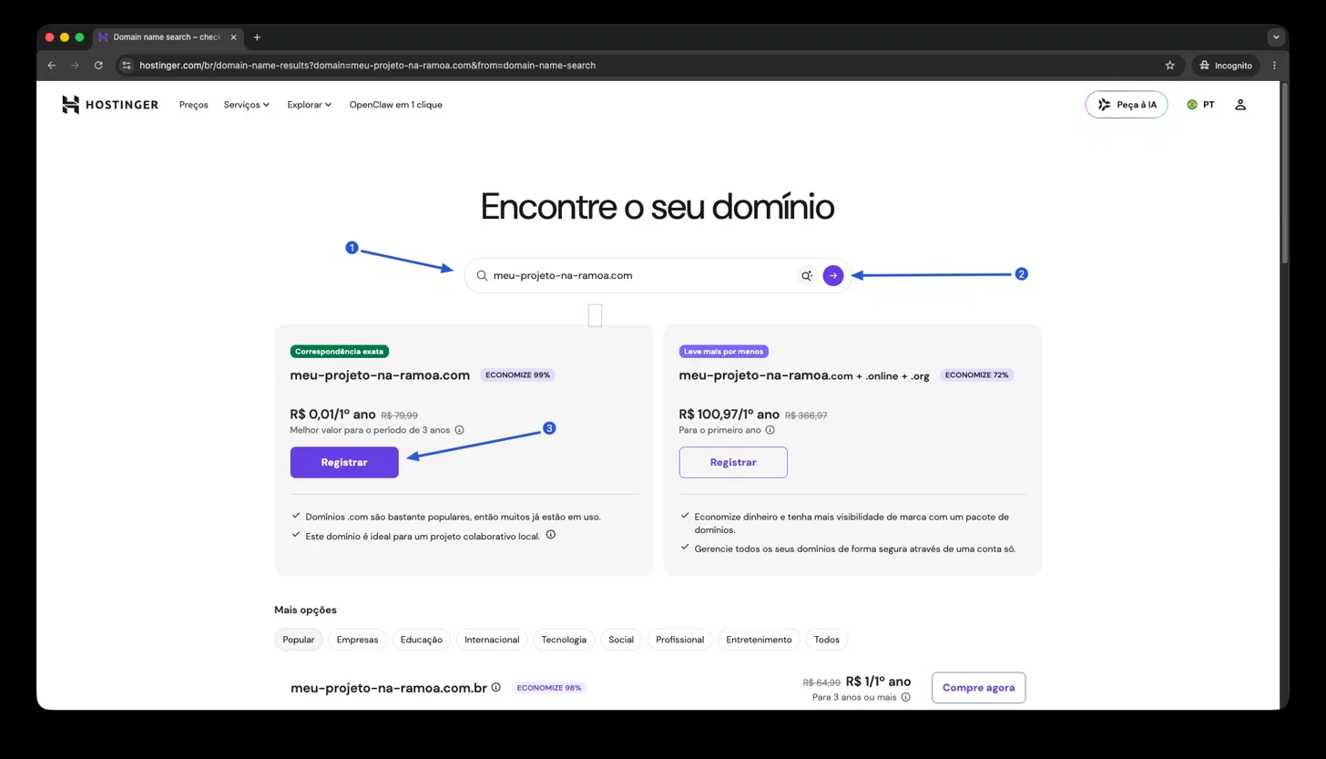 Tela de busca de domínio da Hostinger com os 3 passos numerados