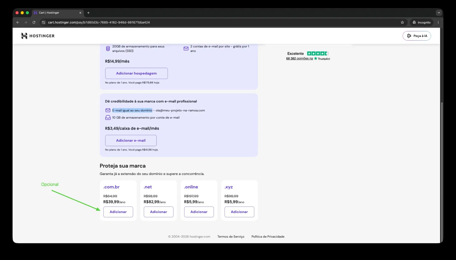 Seção Proteja sua marca com extensões opcionais no carrinho da Hostinger