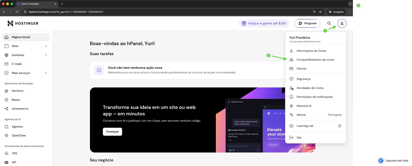 Menu da conta no hPanel da Hostinger apontando para Compartilhamento de conta